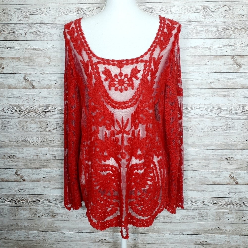 Sheer Lace Top Blouse L Long Sleeved 102